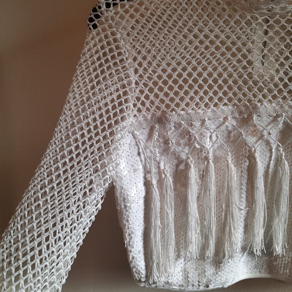 Nasty Gal Catch Me If You Can Fisnet Sequin Tassel Crop Top White - Picture 6 of 15